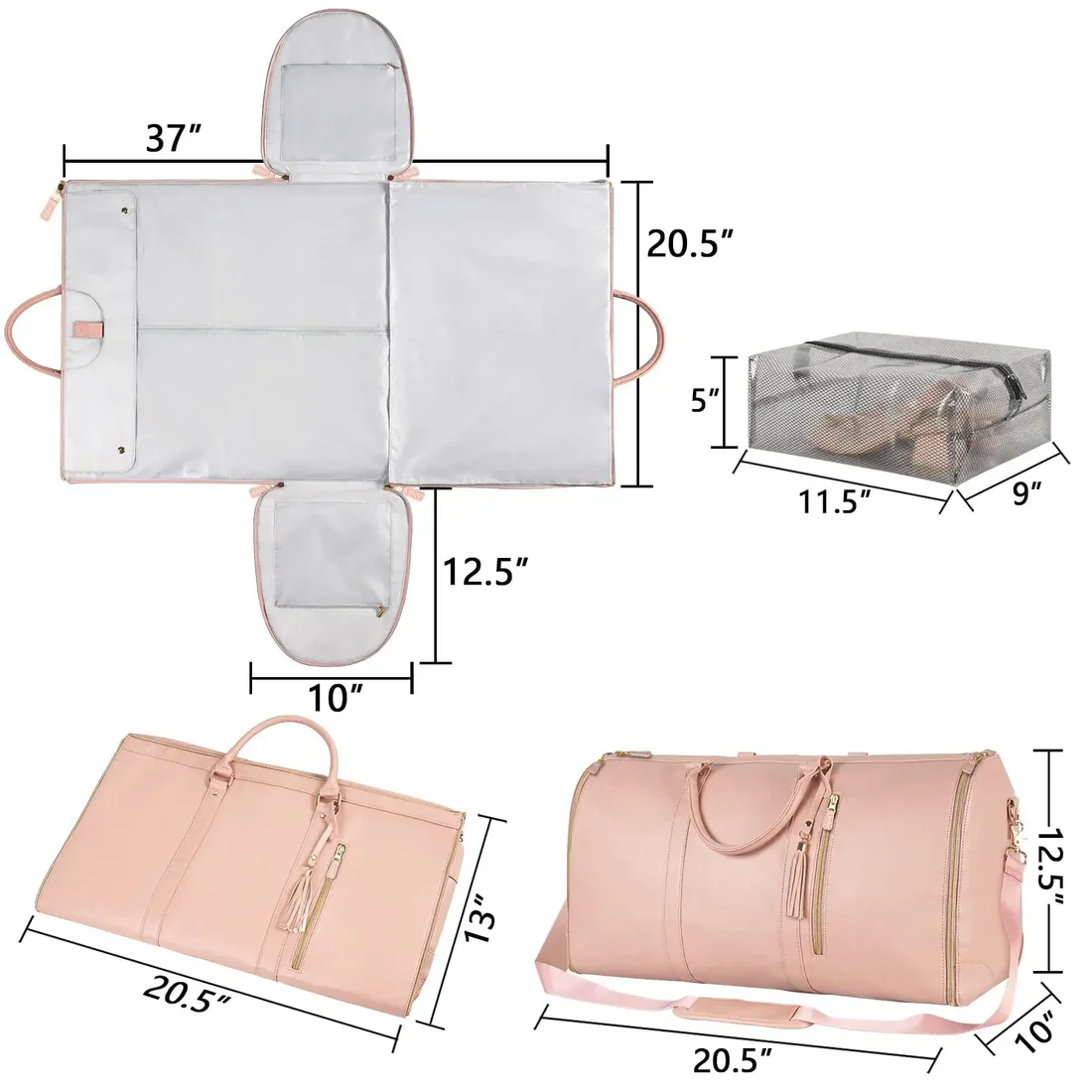 Illustrasjon av en lys klespose med mål og dimensjoner, samt en rosa reisebag sammenfoldet og utslått, med en nettingpose ved siden av.
